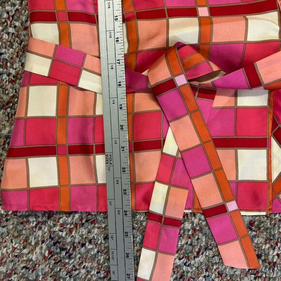 Banana Republic Pink Orange Ivory Check Print Silk SS Wrap Blouse Size S Petite - Picture 15 of 15